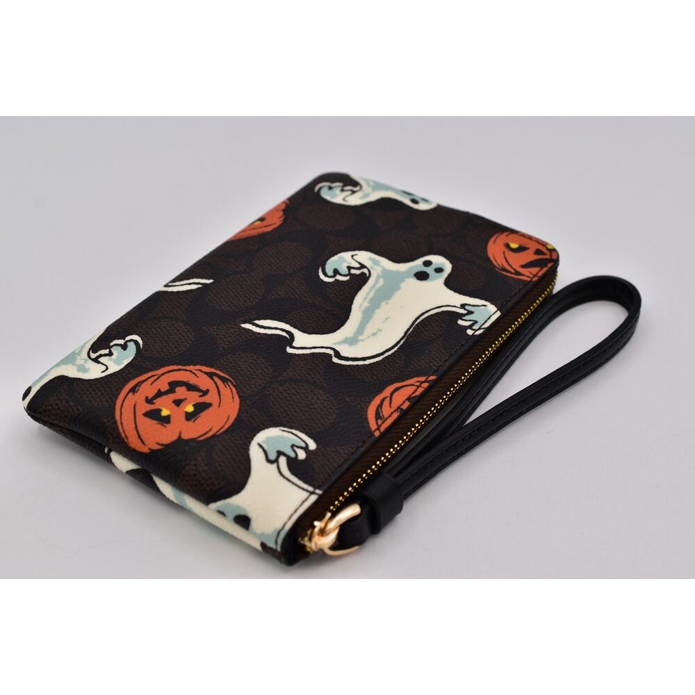 Coach Corner Zip Wristlet In Signature Canvas With Halloween Print Walnut Ghost - Picture 13 of 16